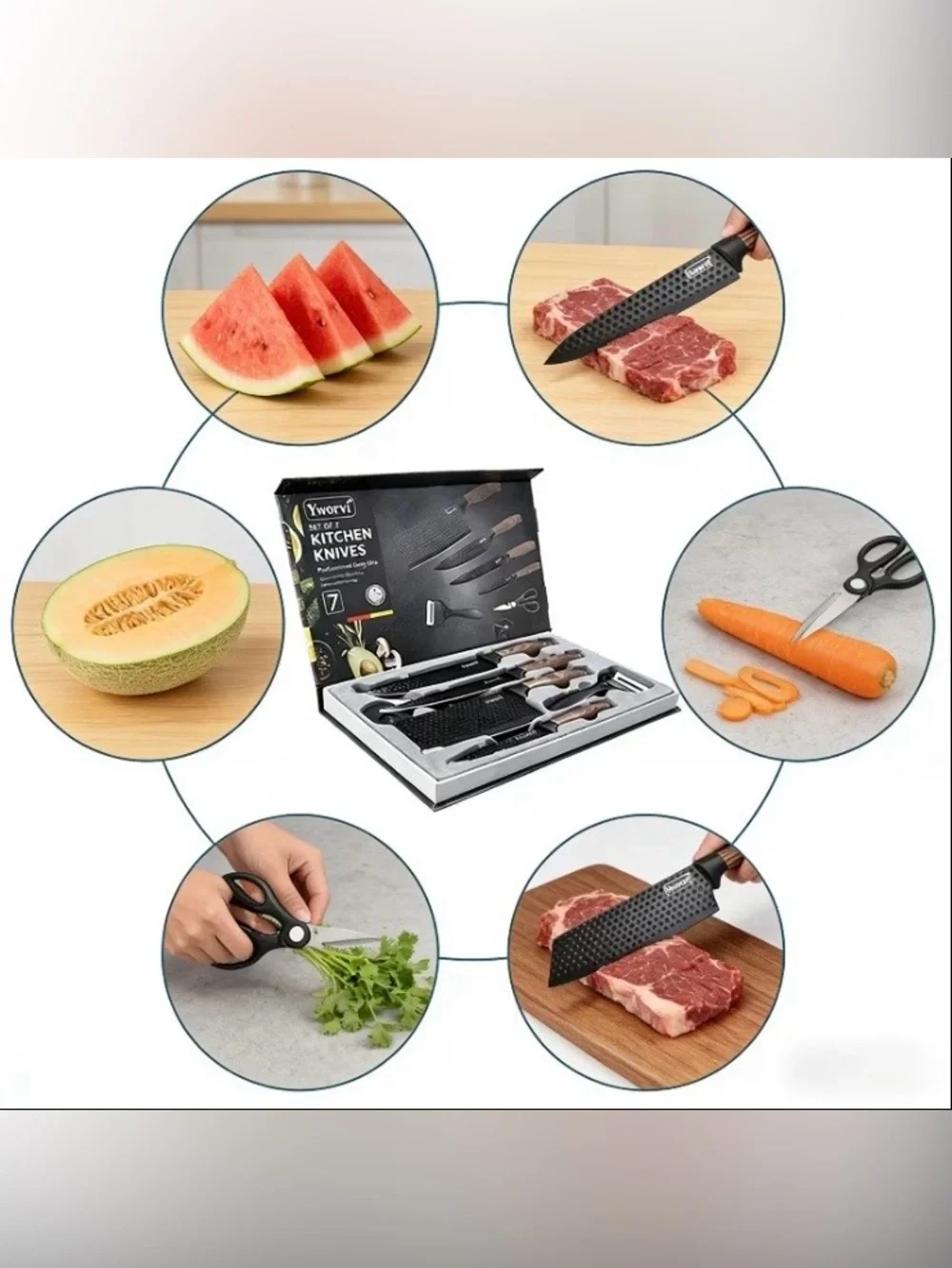 NIB Set of 7 Kitchen Knives w/Sharpener, Peeler & Scissors